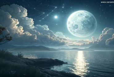 Paisagem mística e serena com uma lua brilhante refletindo no mar calmo, com nuvens suaves ao redor, simbolizando o signo de Câncer para o dia 31 de janeiro de 2025