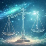 Cenas celestiais com o símbolo de Libra, balança equilibrada no céu estrelado, transmitindo harmonia e equilíbrio.