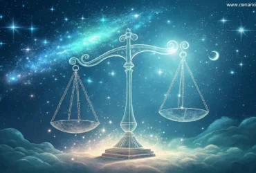 Cenas celestiais com o símbolo de Libra, balança equilibrada no céu estrelado, transmitindo harmonia e equilíbrio.