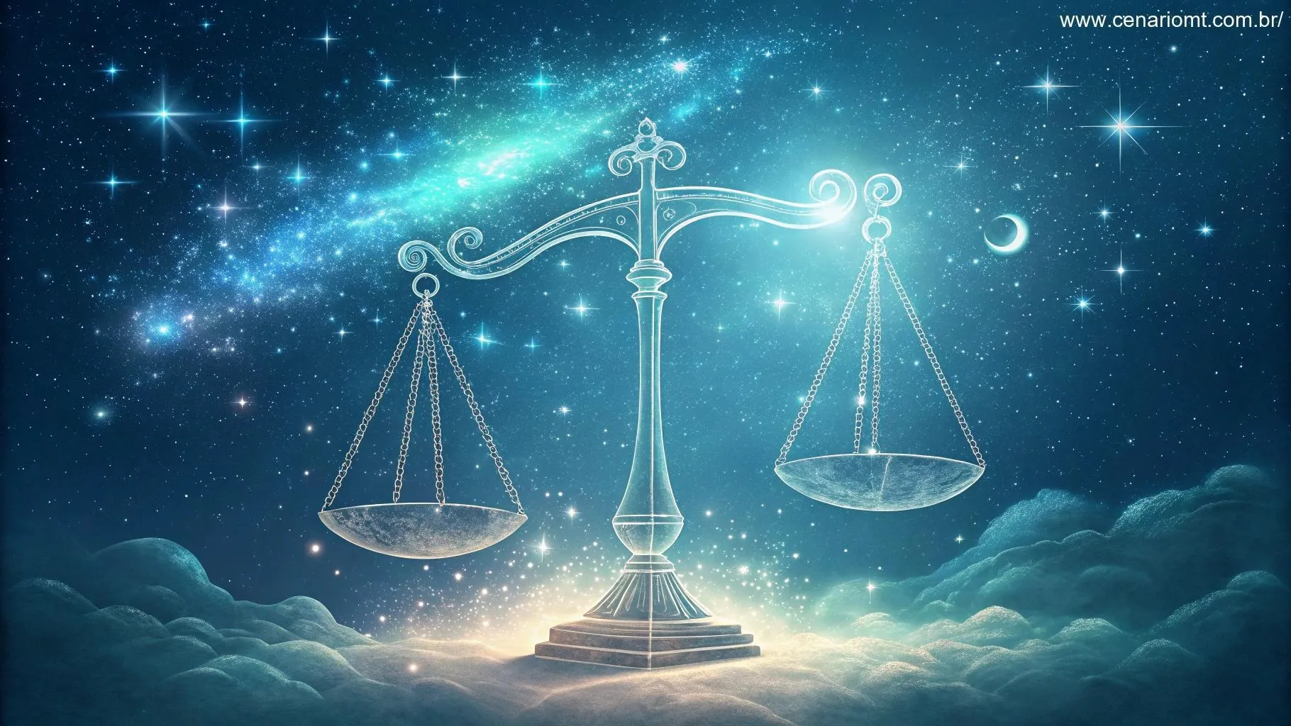 Cenas celestiais com o símbolo de Libra, balança equilibrada no céu estrelado, transmitindo harmonia e equilíbrio.
