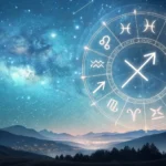 Imagem cósmica com o signo de Sagitário ao centro, rodeado de estrelas, símbolos astrológicos e um céu noturno sereno.