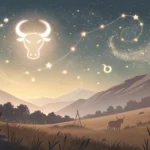 Ilustração serena do signo de Touro sob um céu estrelado suave.