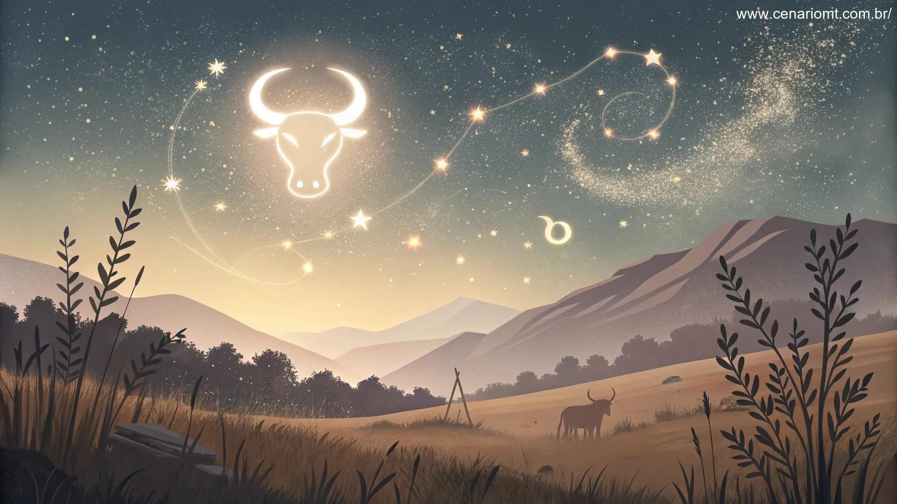 Ilustração serena do signo de Touro sob um céu estrelado suave.