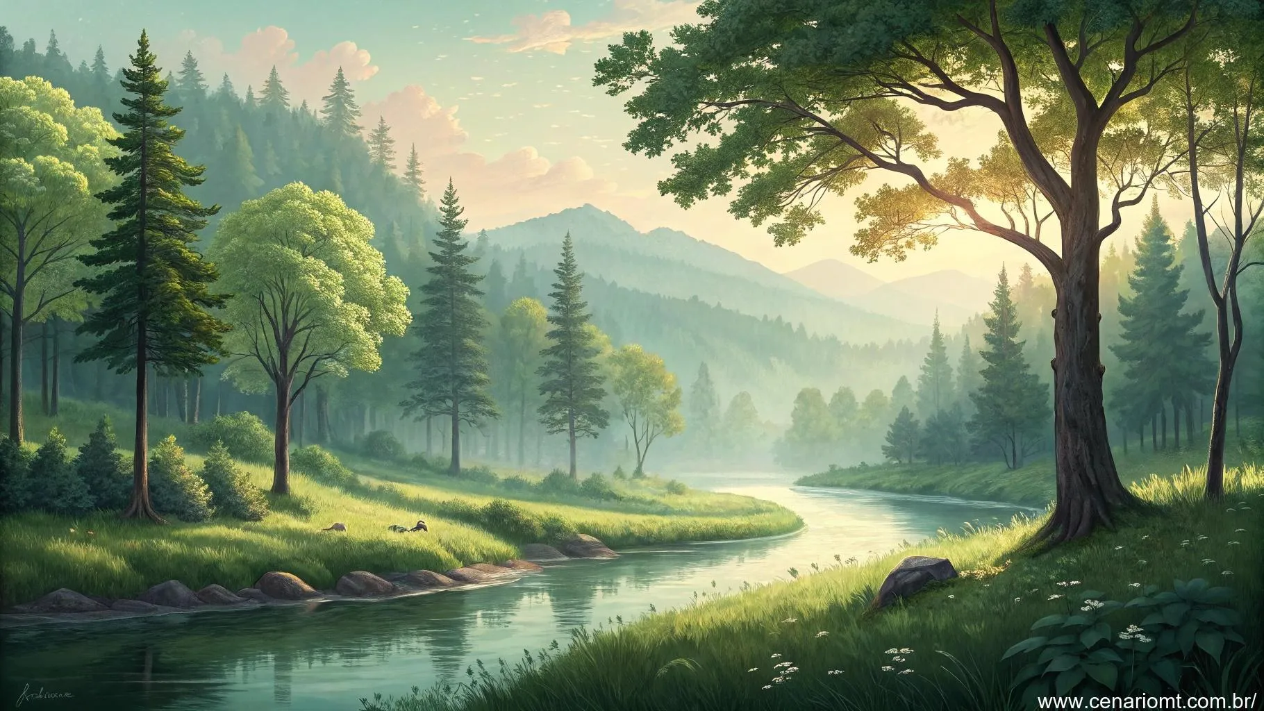 Floresta serena com um rio calmo, simbolizando saúde e bem-estar, com cores suaves e curativas ao redor.