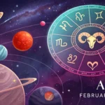 Previsão astrológica de Áries para 01/02/2025 com um gráfico vibrante do zodíaco.