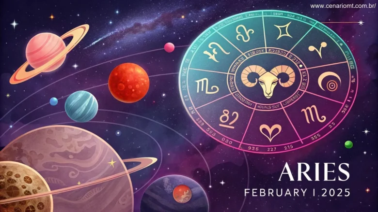 Previsão astrológica de Áries para 01/02/2025 com um gráfico vibrante do zodíaco.