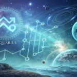 Ilustração serena e mística representando o signo de Aquário, com um fundo celestial e elementos futuristas, simbolizando inovação, liberdade e intelecto.