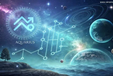 Ilustração serena e mística representando o signo de Aquário, com um fundo celestial e elementos futuristas, simbolizando inovação, liberdade e intelecto.