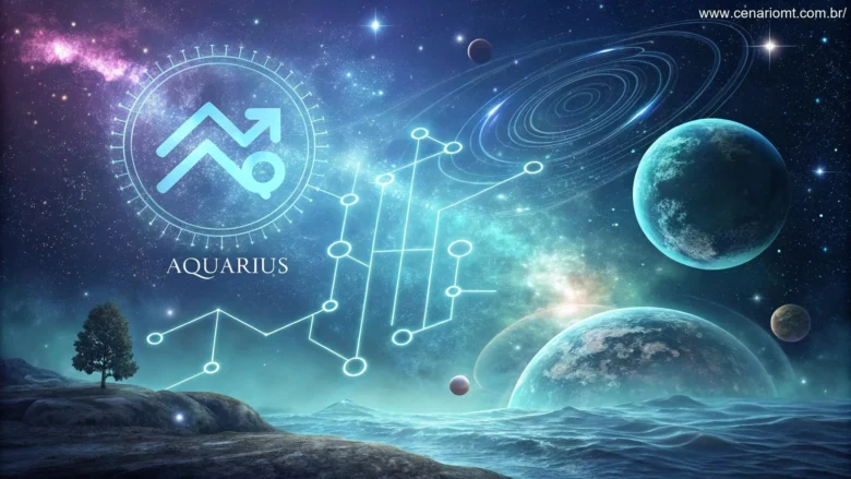 Ilustração serena e mística representando o signo de Aquário, com um fundo celestial e elementos futuristas, simbolizando inovação, liberdade e intelecto.