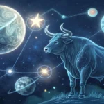Ilustração artística da constelação de Touro cercada por corpos celestes brilhantes.