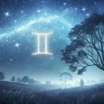 Imagem de tema celestial com o signo de Gêmeos em destaque, gêmeos brilhando no céu estrelado.