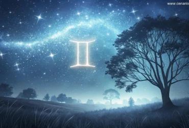 Imagem de tema celestial com o signo de Gêmeos em destaque, gêmeos brilhando no céu estrelado.