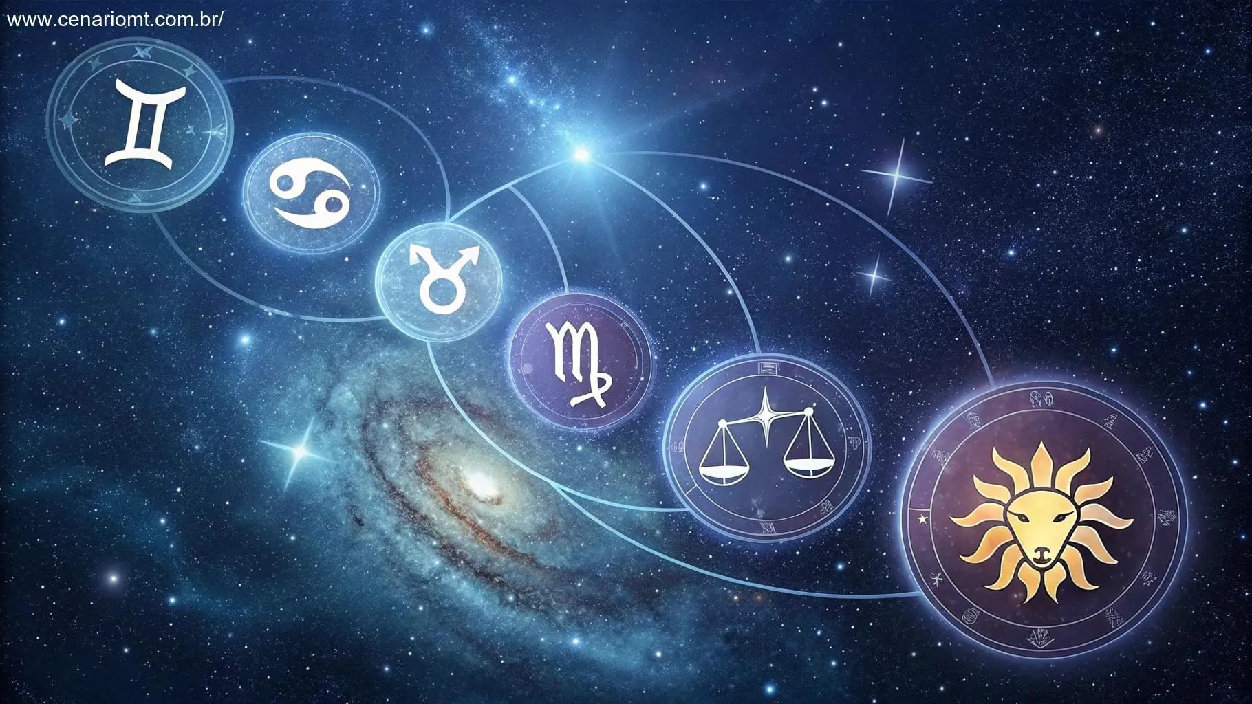 Série de símbolos zodiacais flutuando no espaço cósmico, simbolizando os diferentes signos e suas características únicas, com foco nos outros signos