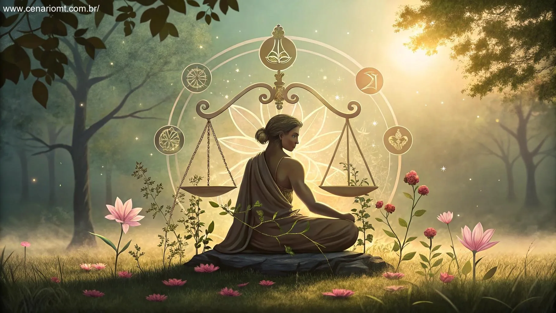 Figura de Libra em meio à natureza, rodeada de símbolos de crescimento e relacionamentos.