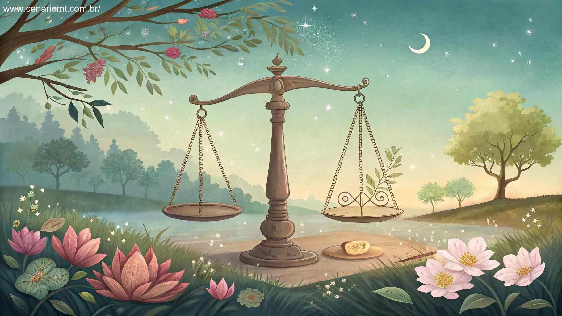 Cena tranquila com Libra equilibrando-se em meio à natureza, simbolizando saúde e autocuidado.