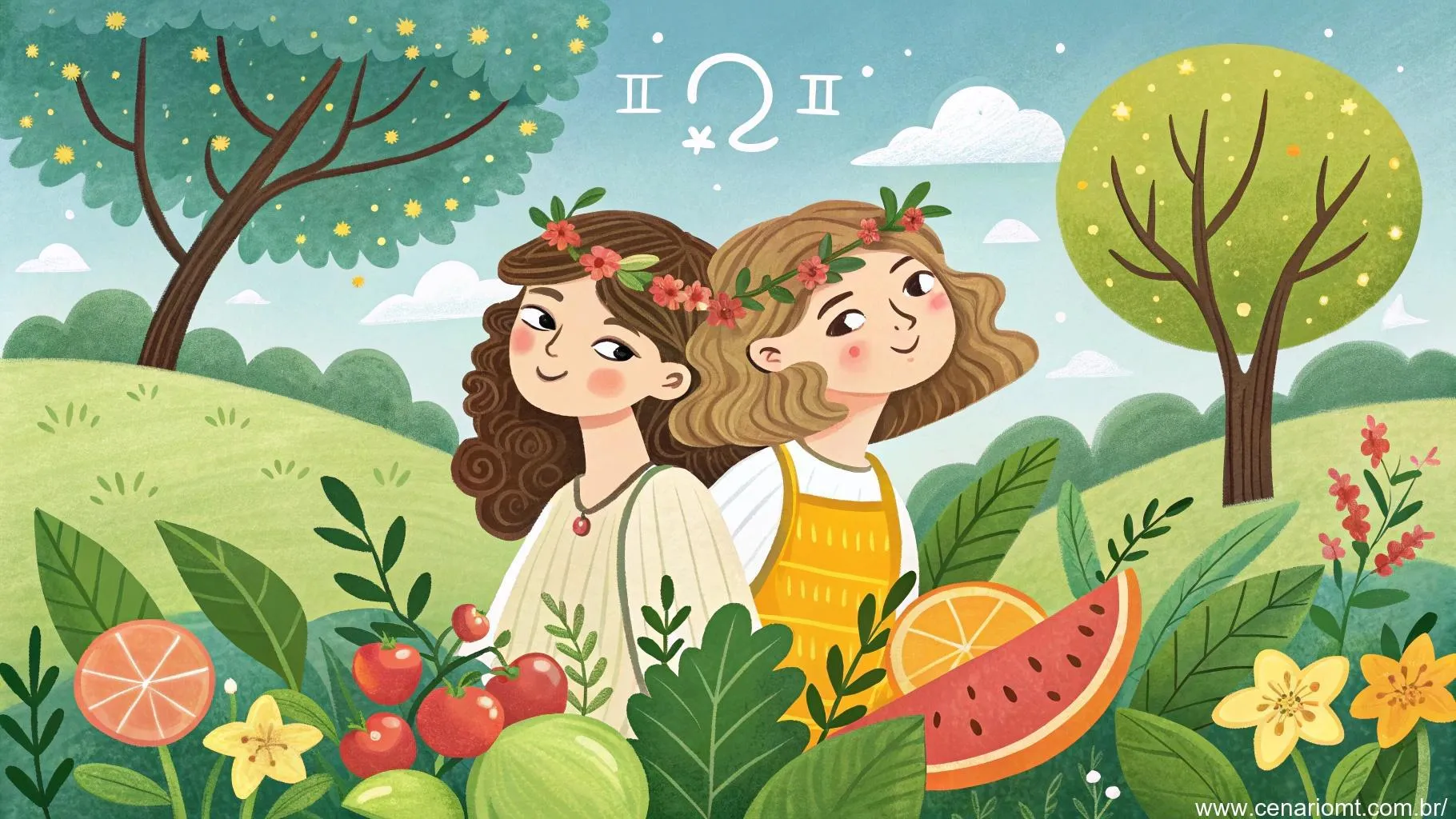 Gêmeos em um cenário natural vibrante simbolizando saúde.