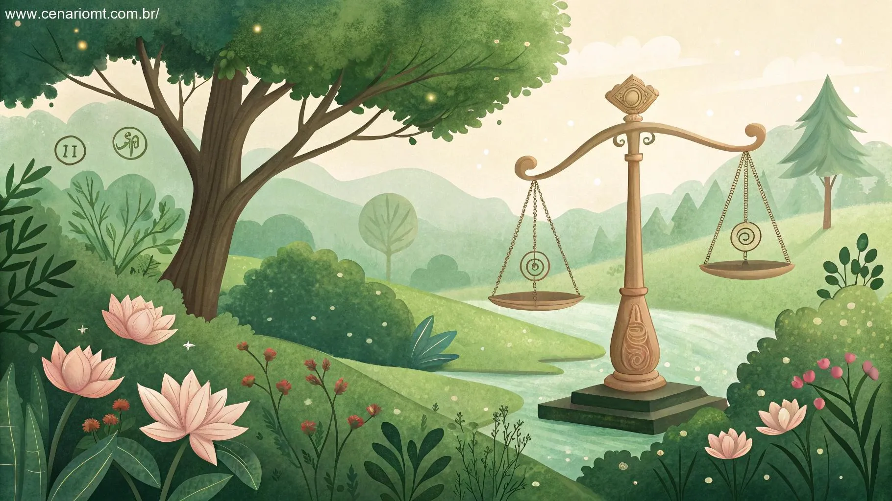 Cena tranquila e saudável representando a saúde e o bem-estar de Libra, com natureza verde e símbolos de bem-estar.