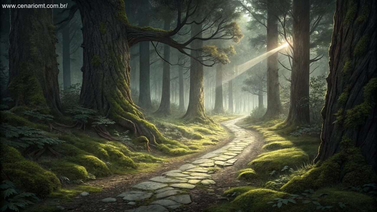 Caminho misterioso em uma floresta com luz inesperada, simbolizando surpresas e eventos inesperados.
