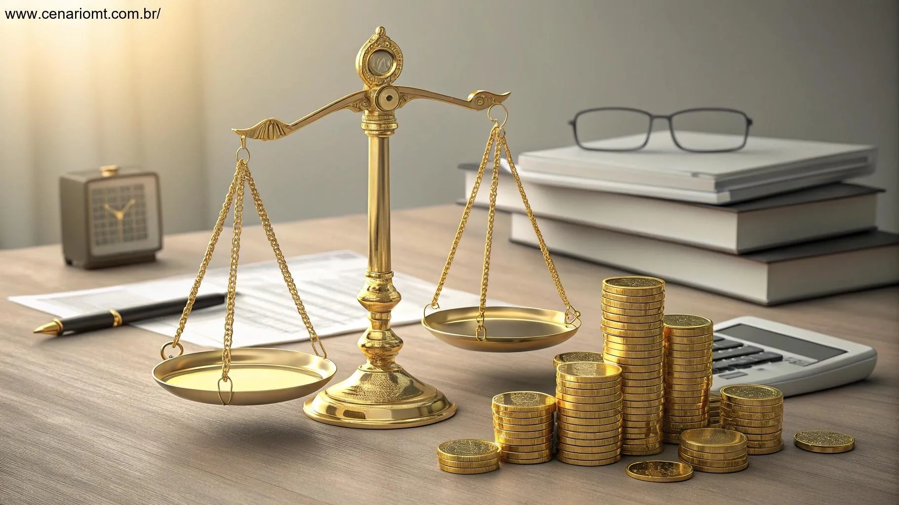 Visualização abstrata de trabalho e finanças com balanças douradas e moedas brilhantes.