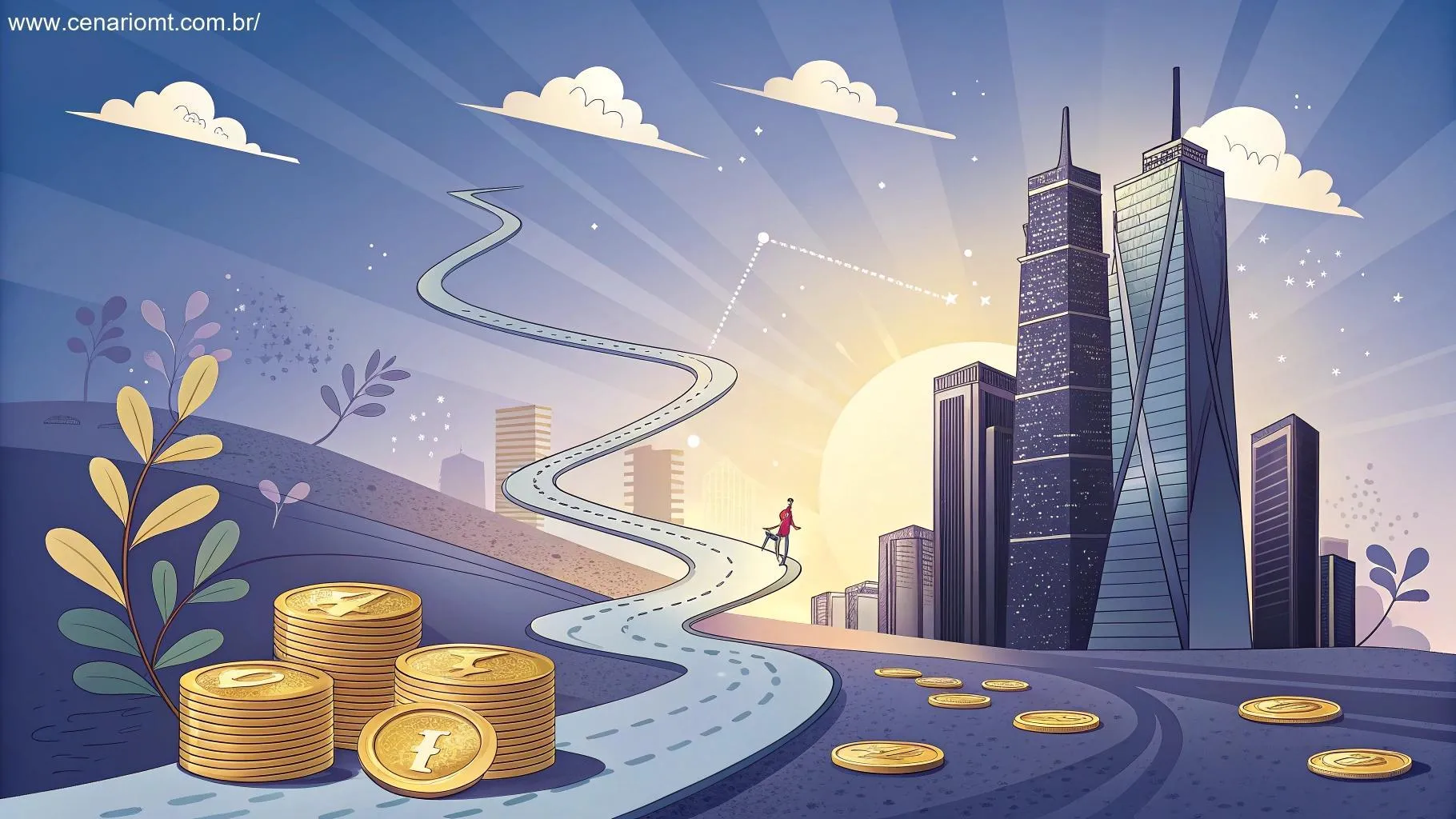 Arte com tema profissional simbolizando trabalho e finanças, com arranha-céus abstratos, moedas de ouro e caminhos levando ao sucesso