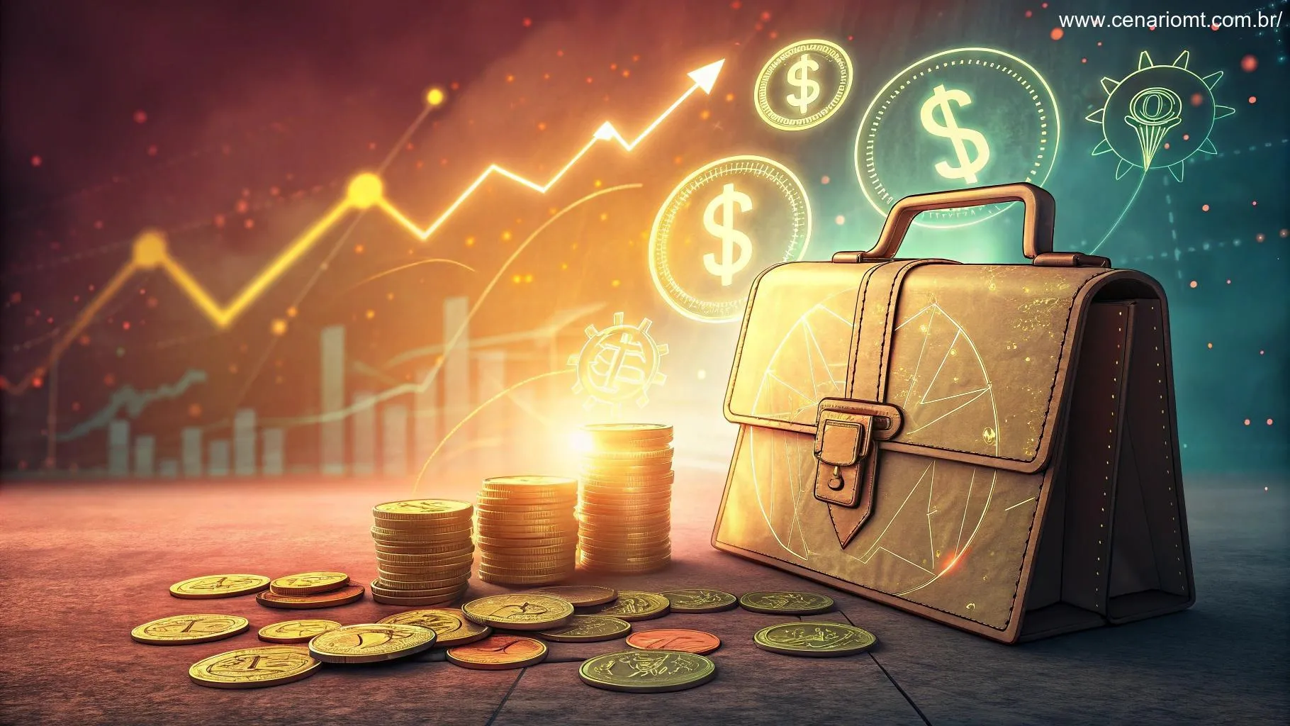 Visualização dinâmica de temas de trabalho e finanças com um brilho abstrato.