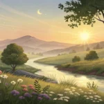 Cena tranquila de manhã representando o signo de Virgem, com luz suave iluminando uma paisagem pacífica, simbolizando calma e clareza para o dia 1º de fevereiro de 2025.