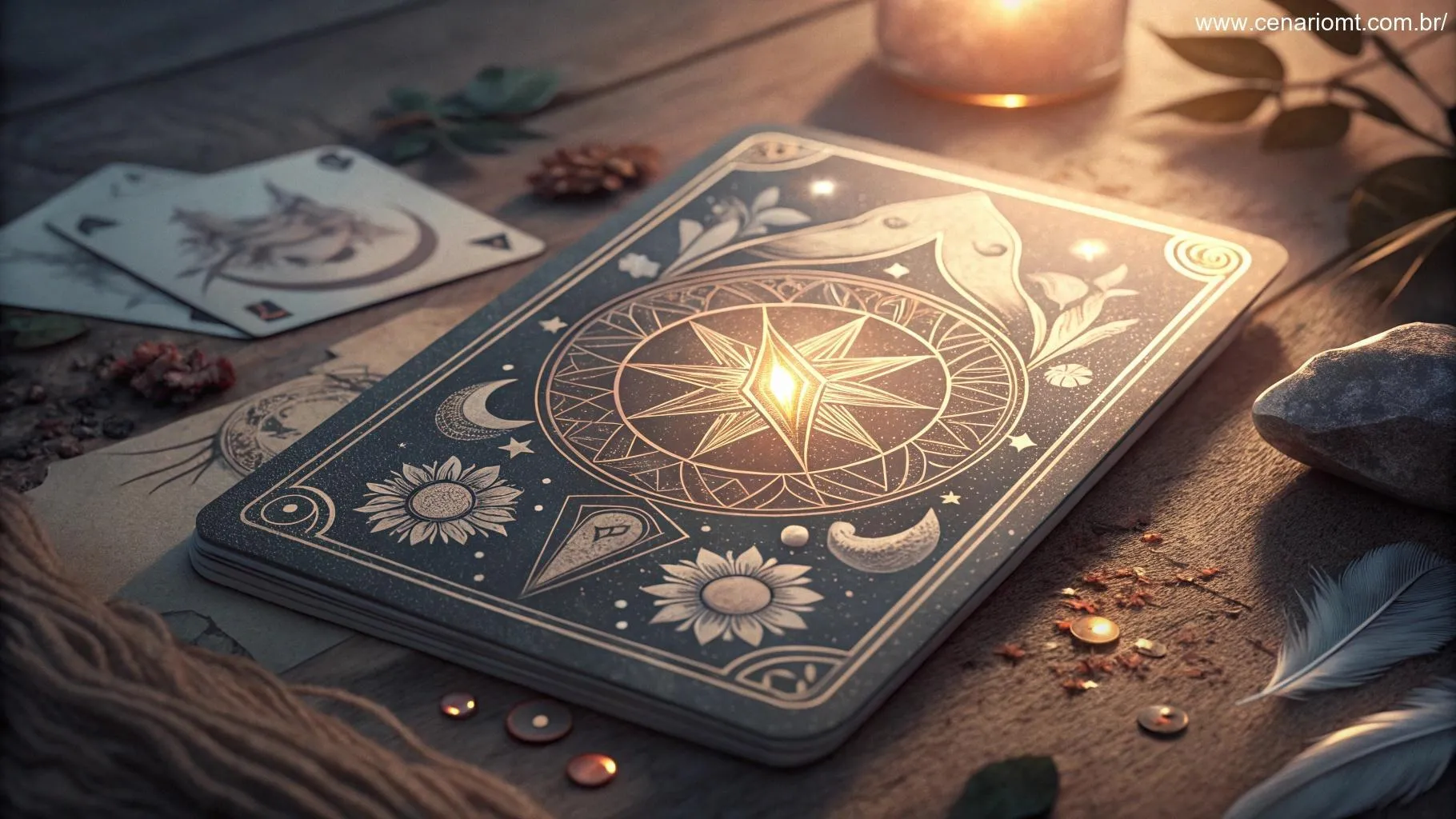 Um close de uma carta de Tarot iluminada, cercada por sombras suaves e símbolos místicos, destacando a energia da Carta do Dia.