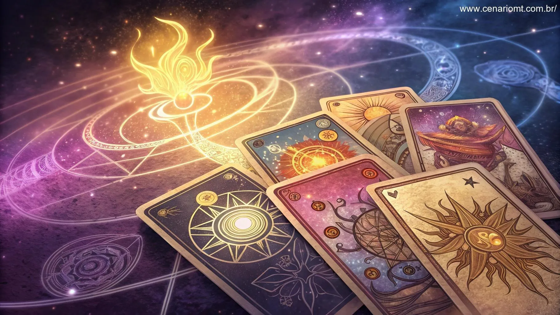 Disposição artística e vibrante de cartas de Tarot com energias únicas em um fundo cósmico.