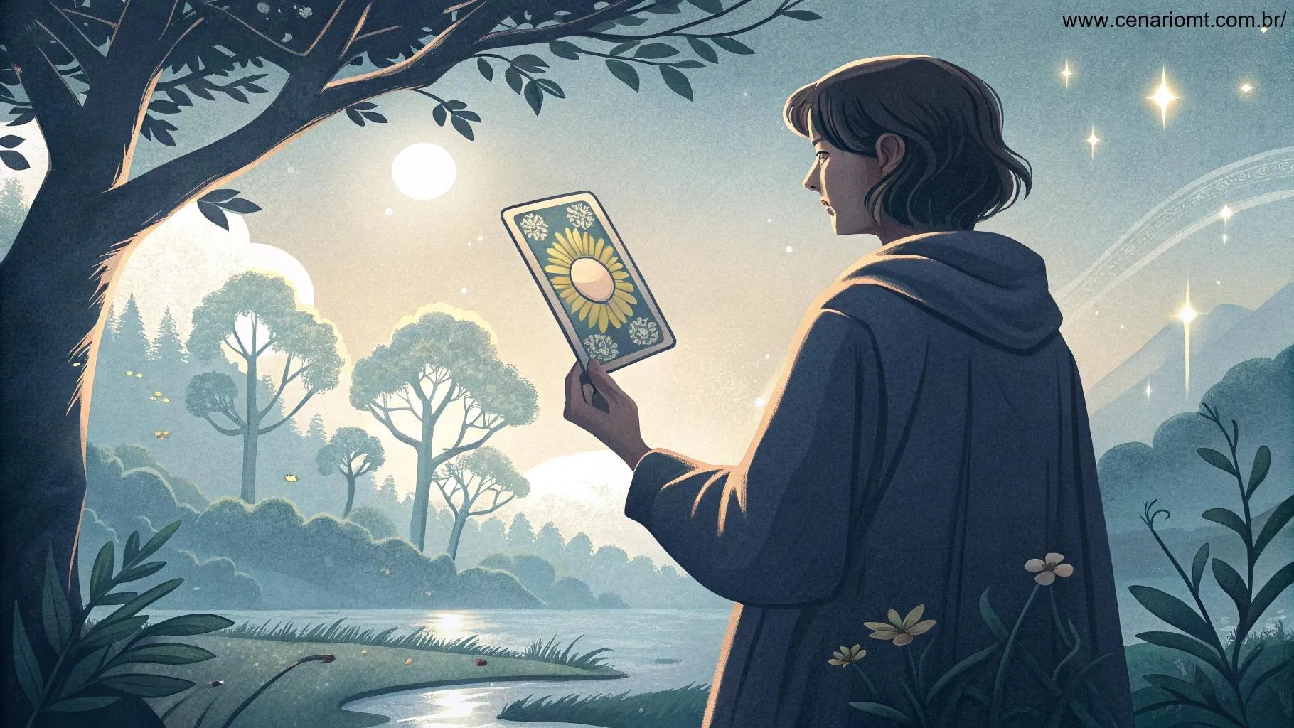 Uma pessoa segurando uma carta de Tarot em um ambiente sereno, refletindo sobre a importância do Tarot para a tomada de decisões.