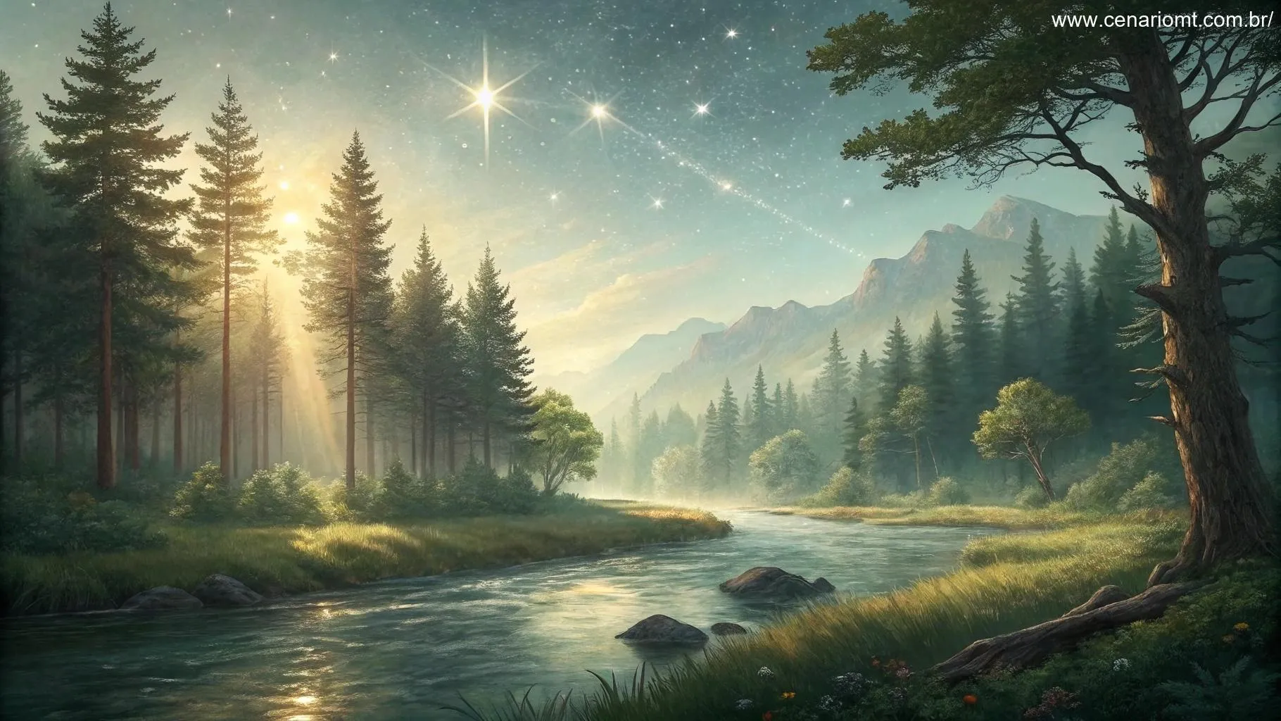 Cena tranquila de uma floresta com luz suave filtrada pelas árvores, simbolizando o bem-estar de Capricórnio.