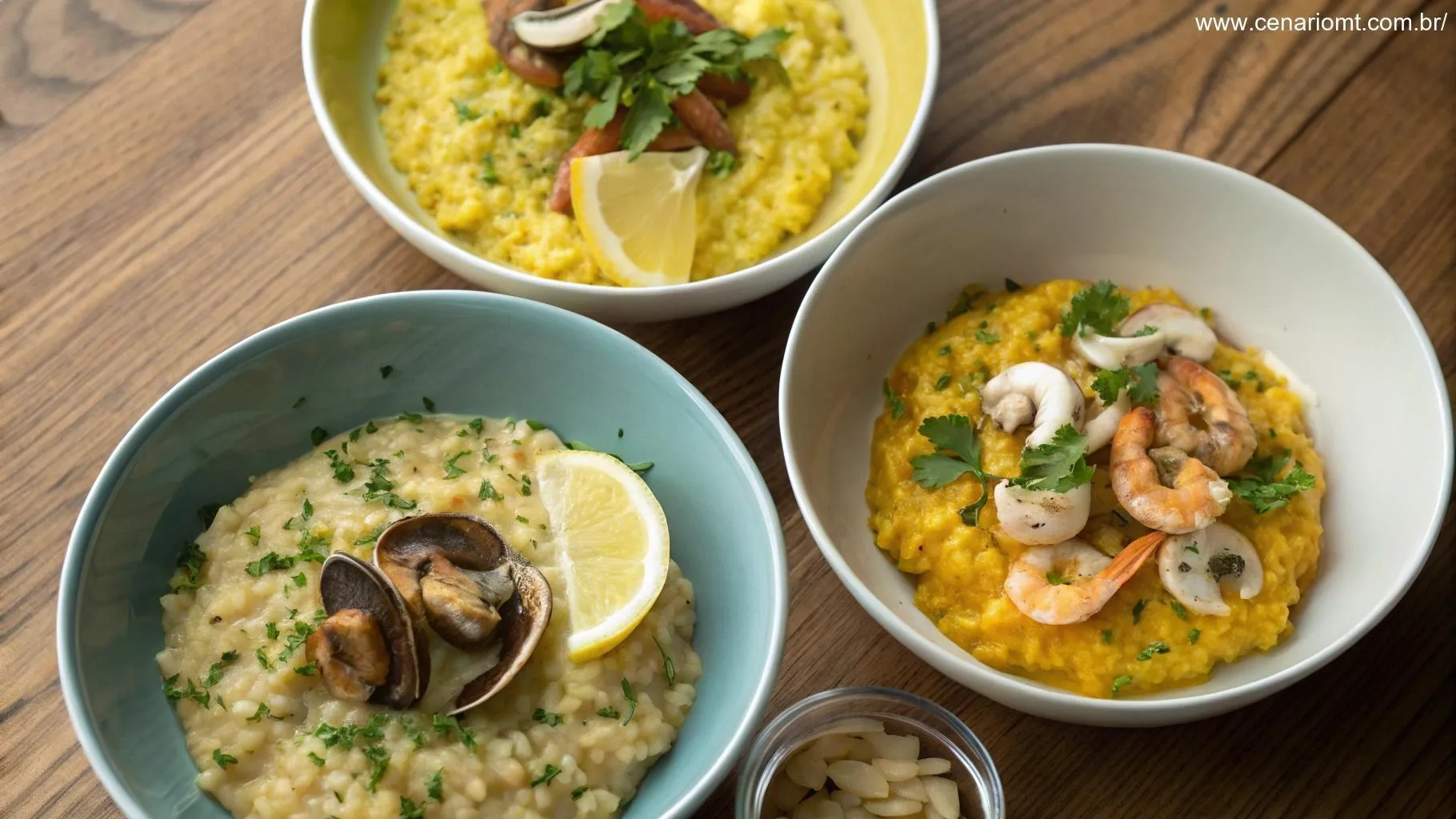Variações de risoto exibidas elegantemente: risoto de cogumelos, risoto de açafrão e risoto de frutos do mar, cada um servido em tigelas separadas com guarnições.