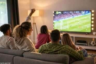 Pessoas assistindo ao jogo entre Al-Shabab e Al-Khaleej na televisão.