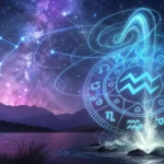 Signo de Aquário rodeado por energia cósmica, estrelas e símbolos astrológicos, com tons de azul e roxo, representando as vibrações astrais do dia 03/02/2025.