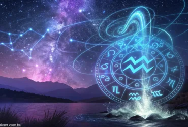 Signo de Aquário rodeado por energia cósmica, estrelas e símbolos astrológicos, com tons de azul e roxo, representando as vibrações astrais do dia 03/02/2025.