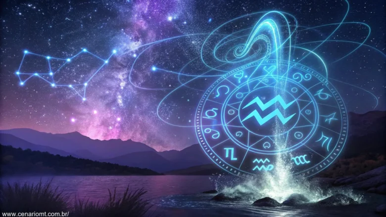 Signo de Aquário rodeado por energia cósmica, estrelas e símbolos astrológicos, com tons de azul e roxo, representando as vibrações astrais do dia 03/02/2025.
