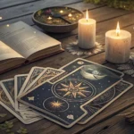 Tarot sendo lido em uma mesa com velas acesas e um livro aberto, representando as energias espirituais do dia 03/02/2025.