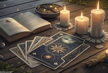 Tarot sendo lido em uma mesa com velas acesas e um livro aberto, representando as energias espirituais do dia 03/02/2025.