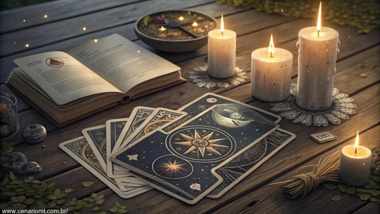 Tarot sendo lido em uma mesa com velas acesas e um livro aberto, representando as energias espirituais do dia 03/02/2025.