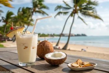 Imagem de uma batida de coco tropical em um copo, decorada com flocos de coco e um canudo, com fundo de palmeiras e praia.