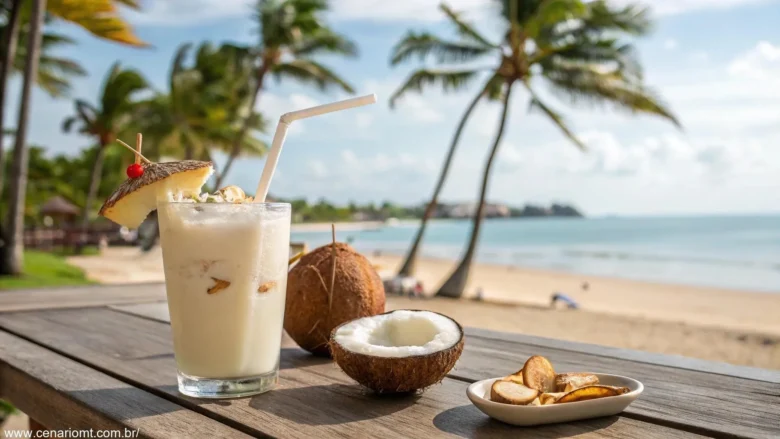 Imagem de uma batida de coco tropical em um copo, decorada com flocos de coco e um canudo, com fundo de palmeiras e praia.