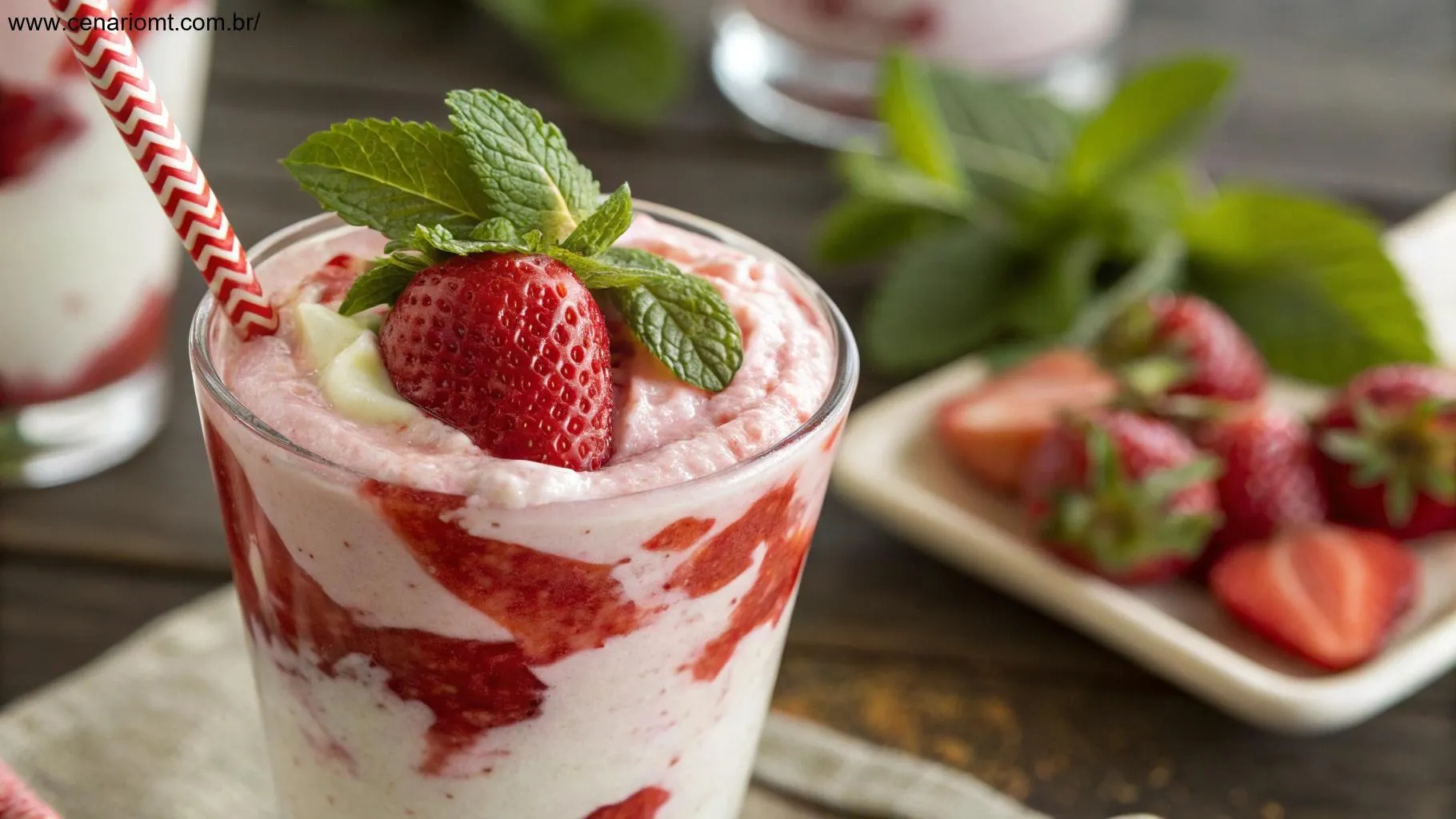 Close-up de smoothie de morango com iogurte, destacando a textura cremosa e a cor vibrante