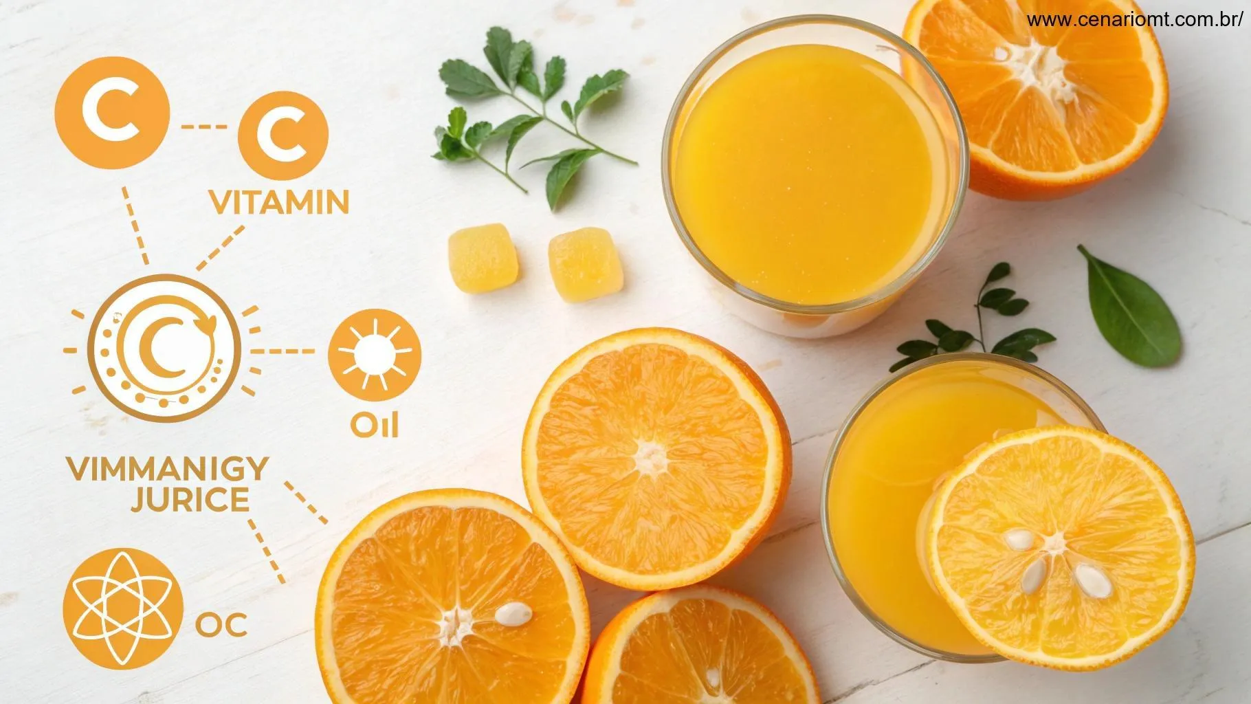 Uma imagem saudável e vibrante mostrando os benefícios do suco de laranja natural, com laranjas, símbolos de vitamina C e ícones de energia ao redor.