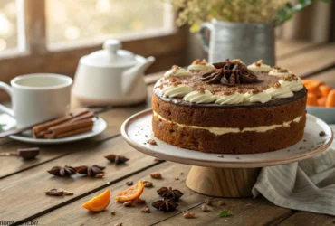 Bolo de cenoura com cobertura de chocolate cremoso servido em uma mesa de madeira rústica.
