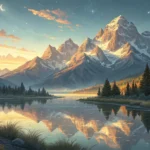 Uma paisagem serena ao amanhecer, com uma majestosa cadeia de montanhas e um lago calmo refletindo as montanhas.