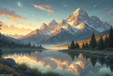 Uma paisagem serena ao amanhecer, com uma majestosa cadeia de montanhas e um lago calmo refletindo as montanhas.