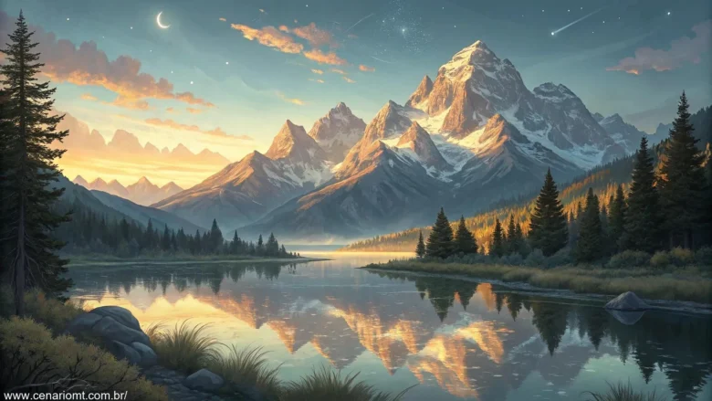 Uma paisagem serena ao amanhecer, com uma majestosa cadeia de montanhas e um lago calmo refletindo as montanhas.