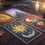 Uma disposição mística de cartas de tarot sobre uma superfície escura e aveludada, com cores vibrantes e símbolos detalhados.
