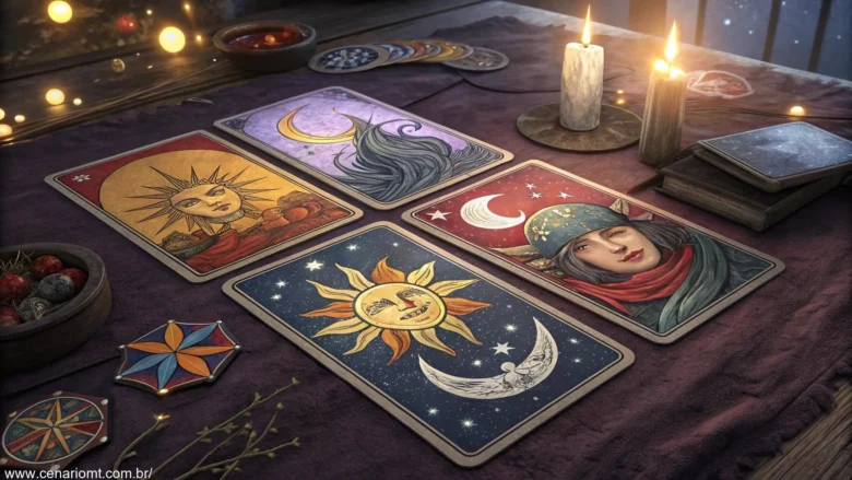Uma disposição mística de cartas de tarot sobre uma superfície escura e aveludada, com cores vibrantes e símbolos detalhados.