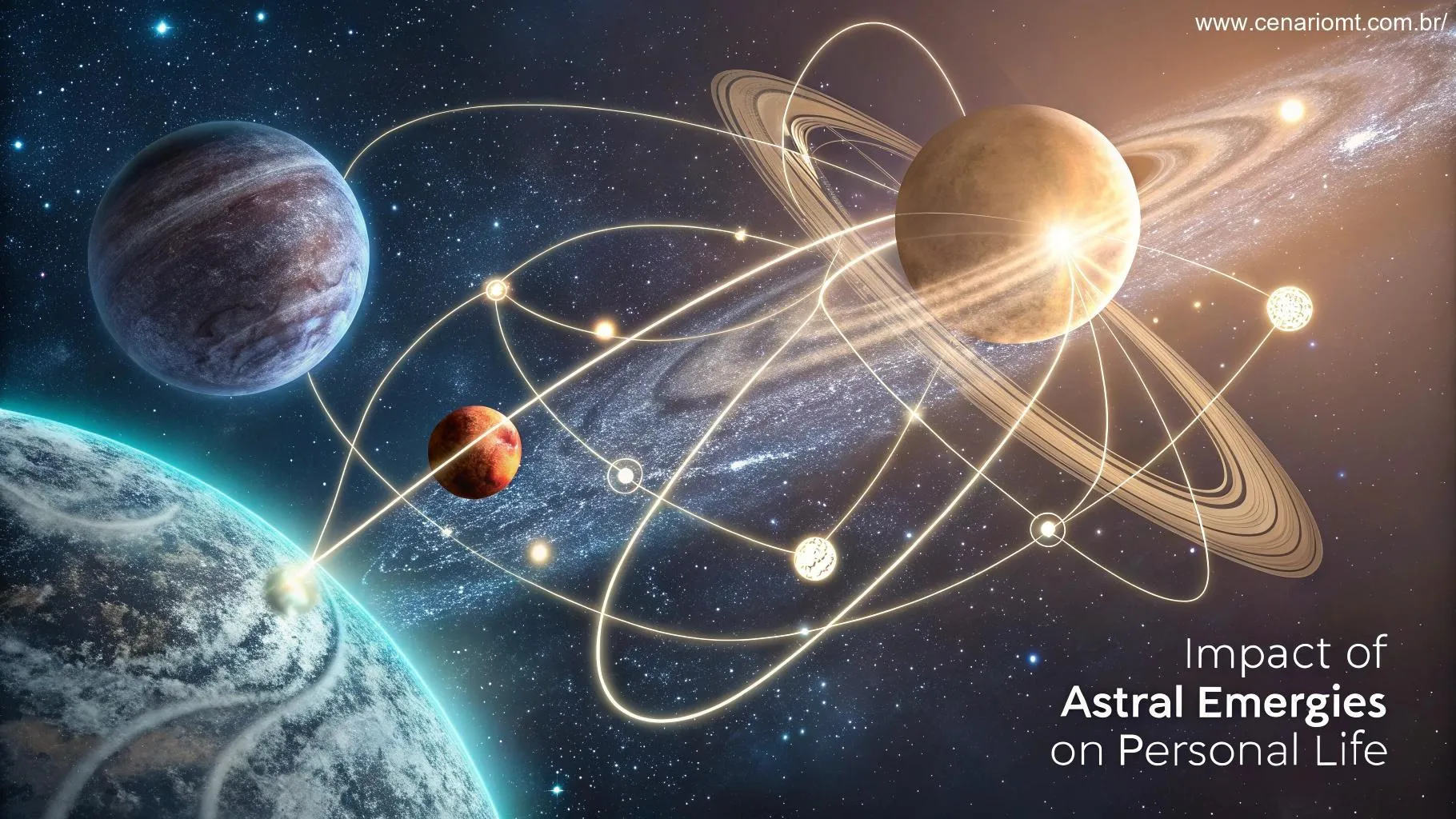Impacto das energias astrais na vida pessoal, com corpos celestes e linhas sutis representando o fluxo de energia.