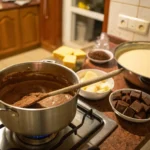 Uma cozinha aconchegante com uma panela no fogão misturando leite condensado, cacau em pó e manteiga para fazer brigadeiro tradicional.